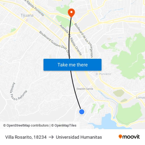Villa Rosarito, 18234 to Universidad Humanitas map