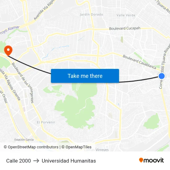 Calle 2000 to Universidad Humanitas map