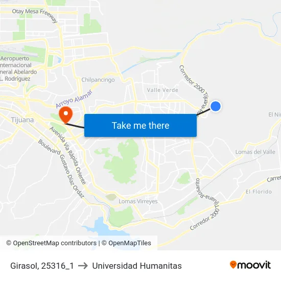 Girasol, 25316_1 to Universidad Humanitas map
