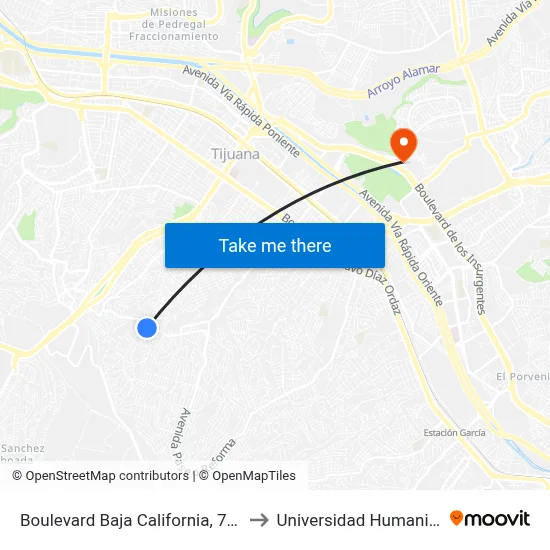 Boulevard Baja California, 7626 to Universidad Humanitas map