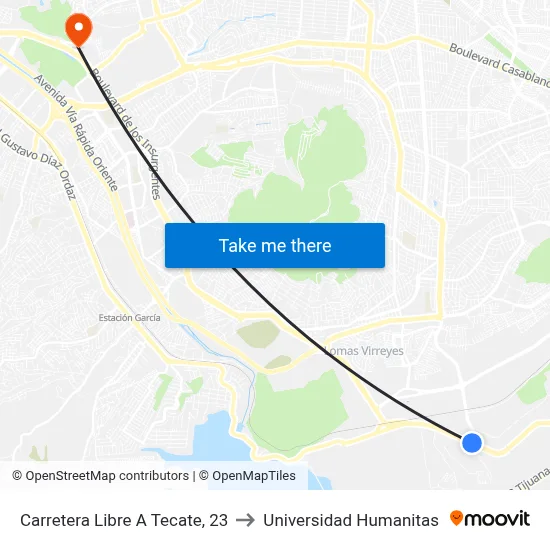Carretera Libre A Tecate, 23 to Universidad Humanitas map
