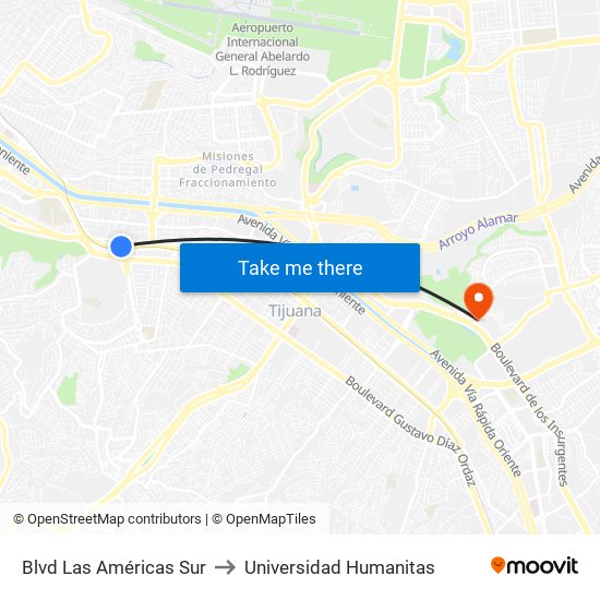 Blvd Las Américas Sur to Universidad Humanitas map