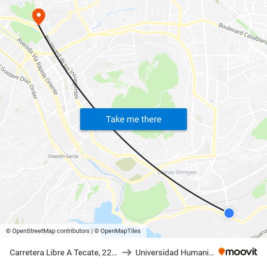Carretera Libre A Tecate, 22202 to Universidad Humanitas map
