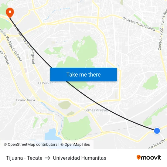 Tijuana - Tecate to Universidad Humanitas map