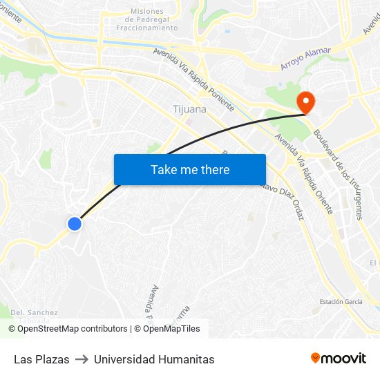 Las Plazas to Universidad Humanitas map