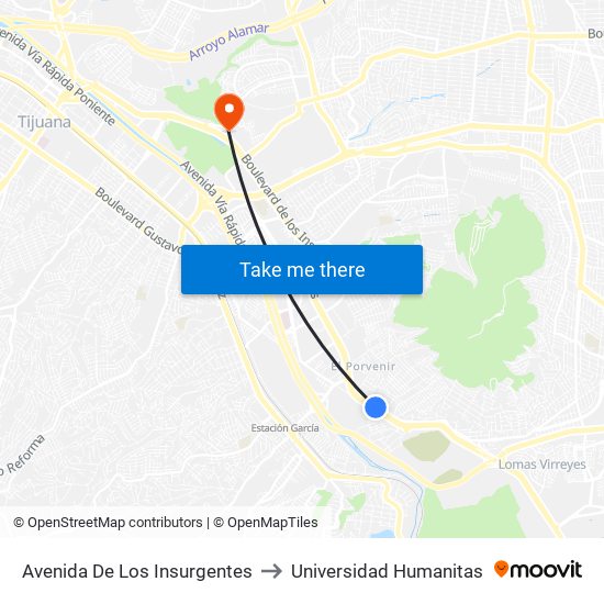 Avenida De Los Insurgentes to Universidad Humanitas map