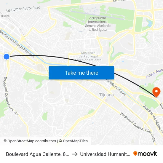 Boulevard Agua Caliente, 800 to Universidad Humanitas map