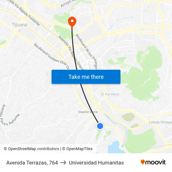 Avenida Terrazas, 764 to Universidad Humanitas map