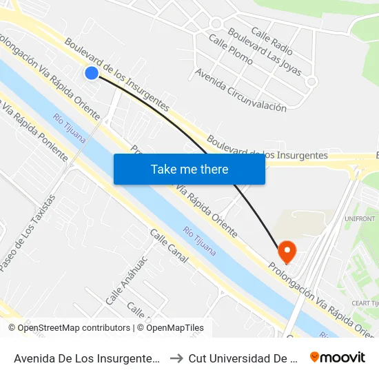 Avenida De Los Insurgentes, 603_1 to Cut Universidad De Tijuana map