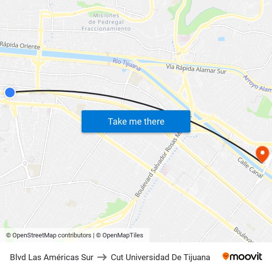 Blvd Las Américas Sur to Cut Universidad De Tijuana map