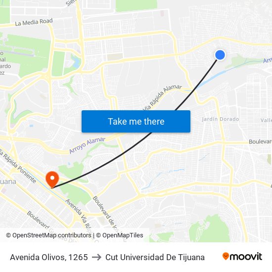 Avenida Olivos, 1265 to Cut Universidad De Tijuana map