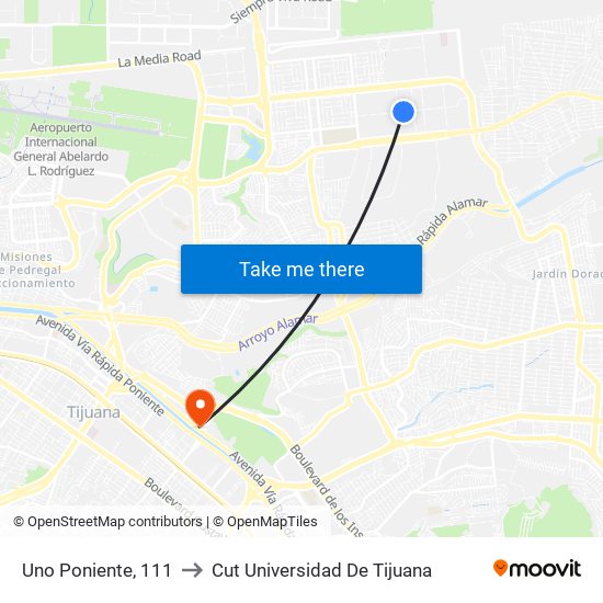 Uno Poniente, 111 to Cut Universidad De Tijuana map