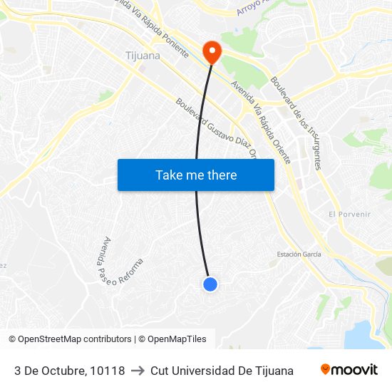 3 De Octubre, 10118 to Cut Universidad De Tijuana map