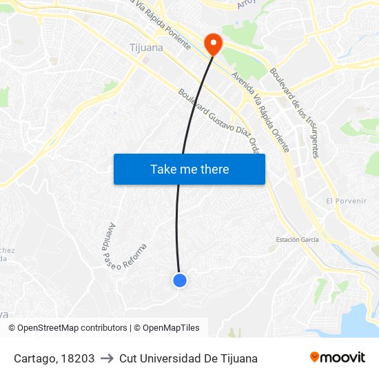 Cartago, 18203 to Cut Universidad De Tijuana map