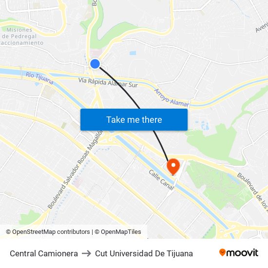 Central Camionera to Cut Universidad De Tijuana map