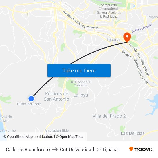 Calle De Alcanforero to Cut Universidad De Tijuana map