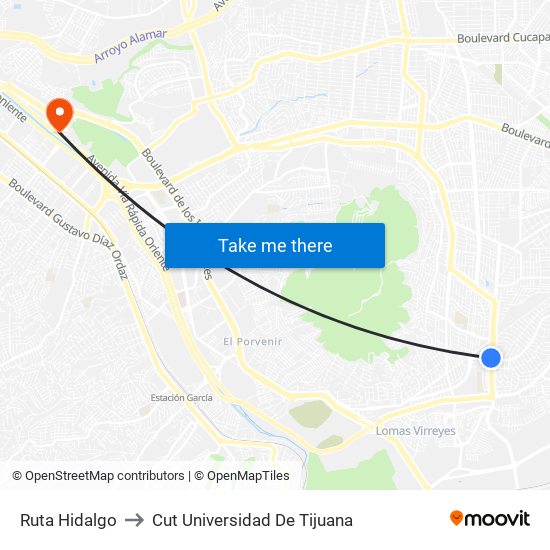 Ruta Hidalgo to Cut Universidad De Tijuana map