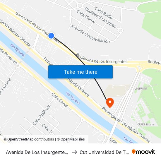 Avenida De Los Insurgentes, 4988 to Cut Universidad De Tijuana map
