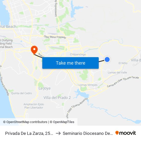 Privada De La Zarza, 25366_23 to Seminario Diocesano De Tijuana map
