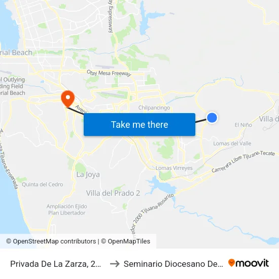 Privada De La Zarza, 25366_23 to Seminario Diocesano De Tijuana map