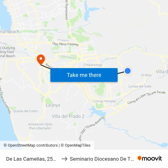 De Las Camelias, 25375_1 to Seminario Diocesano De Tijuana map