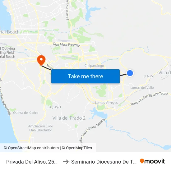 Privada Del Aliso, 25326_9 to Seminario Diocesano De Tijuana map