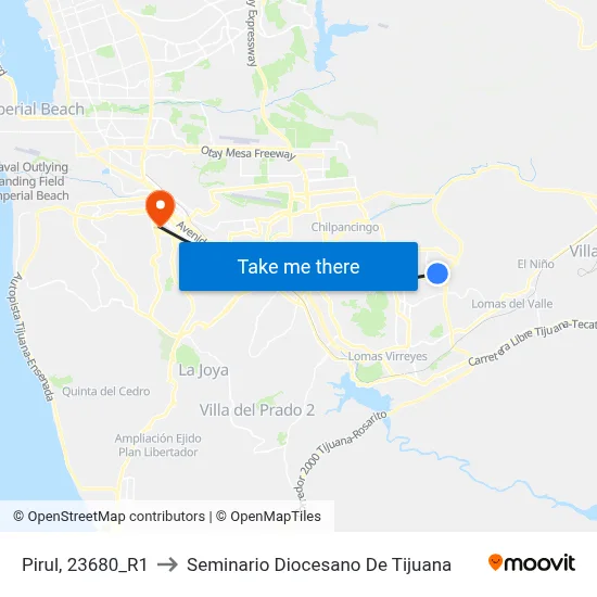 Pirul, 23680_R1 to Seminario Diocesano De Tijuana map