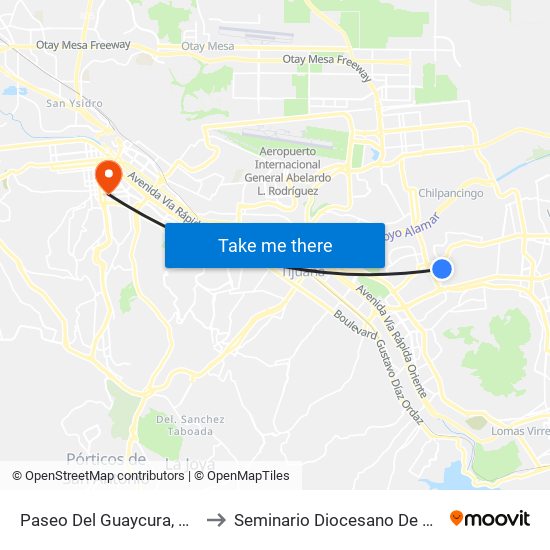 Paseo Del Guaycura, 20312 to Seminario Diocesano De Tijuana map