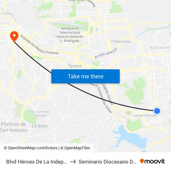 Blvd Héroes De La Independencia to Seminario Diocesano De Tijuana map
