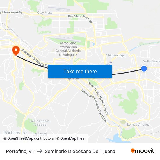 Portofino, V1 to Seminario Diocesano De Tijuana map