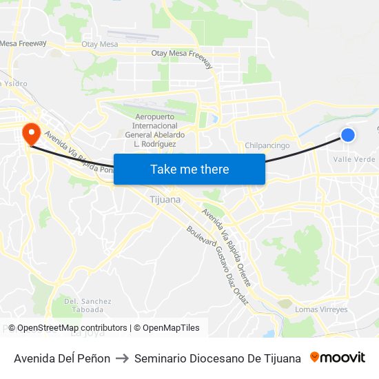 Avenida Deĺ Peñon to Seminario Diocesano De Tijuana map
