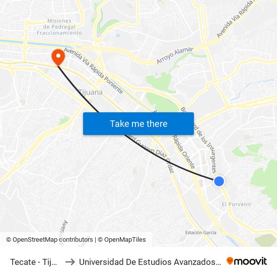 Tecate - Tijuana, 32 to Universidad De Estudios Avanzados Campus La Mesa map