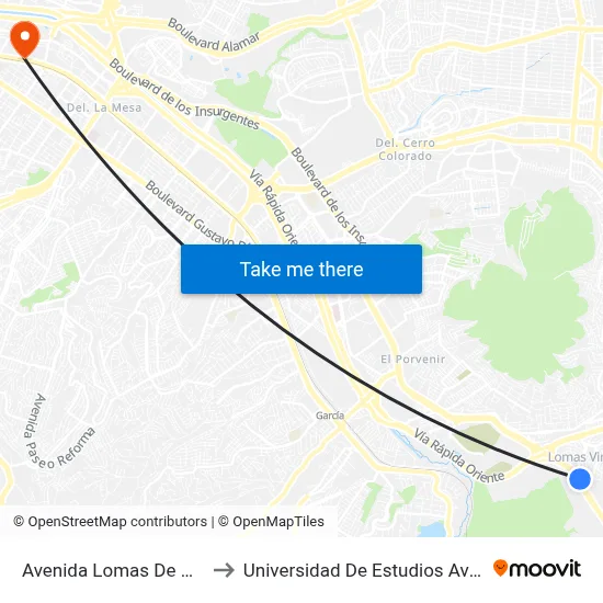 Avenida Lomas De Virreyes Sur, 11217_B to Universidad De Estudios Avanzados Campus La Mesa map