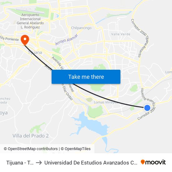 Tijuana - Tecate to Universidad De Estudios Avanzados Campus La Mesa map