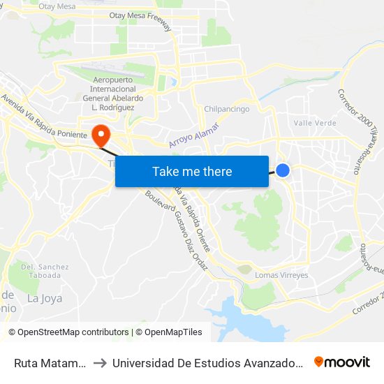 Ruta Matamoros, Lb to Universidad De Estudios Avanzados Campus La Mesa map