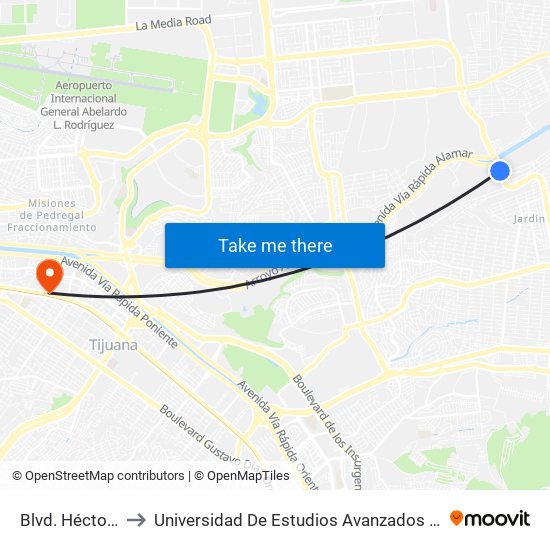 Blvd. Héctor Terán to Universidad De Estudios Avanzados Campus La Mesa map