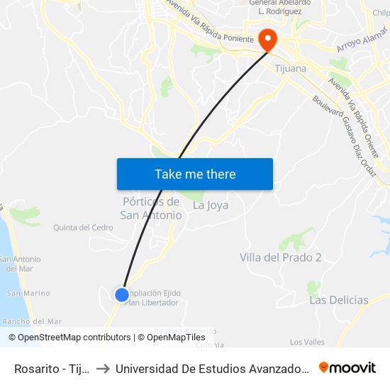 Rosarito - Tijuana, 11 to Universidad De Estudios Avanzados Campus La Mesa map