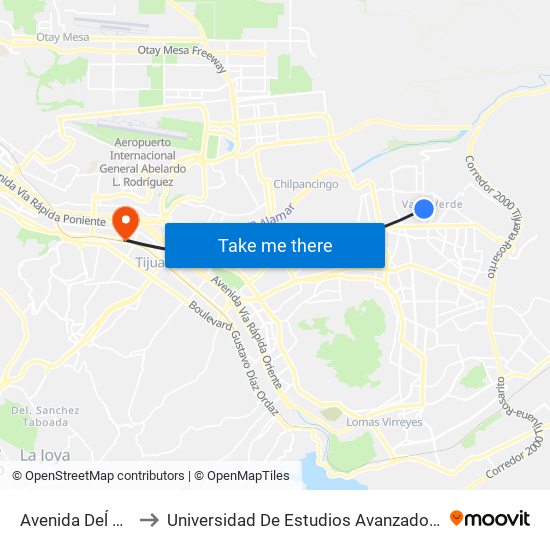 Avenida Deĺ Peñon, Lb to Universidad De Estudios Avanzados Campus La Mesa map