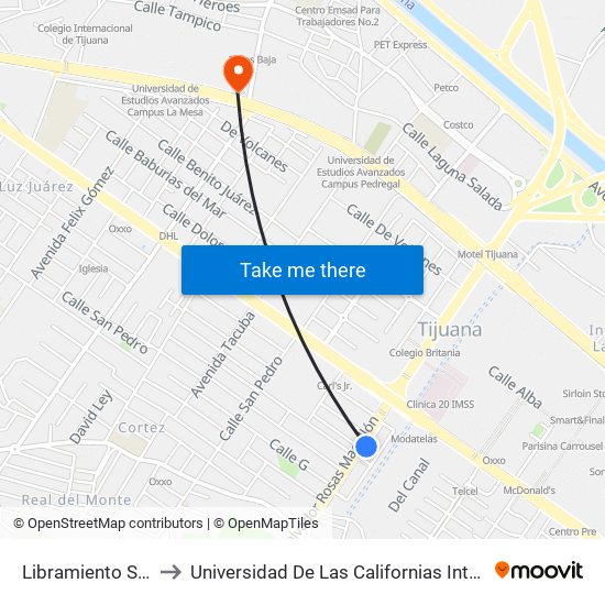 Libramiento Sur, 20 to Universidad De Las Californias Internacional map