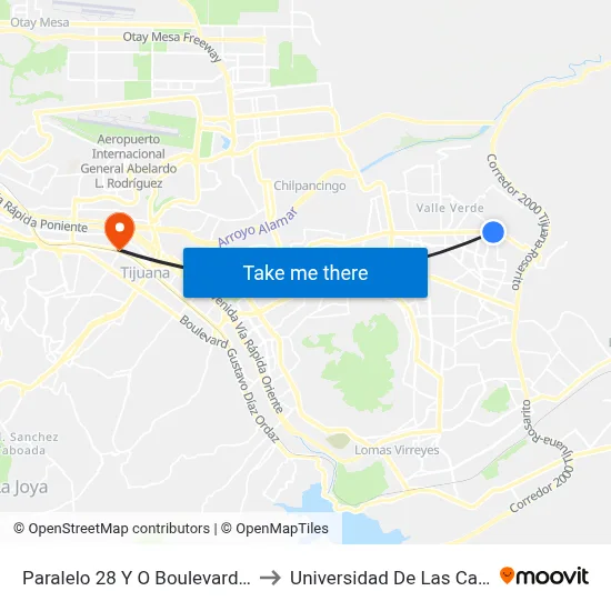 Paralelo 28 Y O Boulevard Matamoros, 23030_V46 to Universidad De Las Californias Internacional map