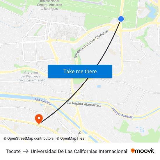 Tecate to Universidad De Las Californias Internacional map