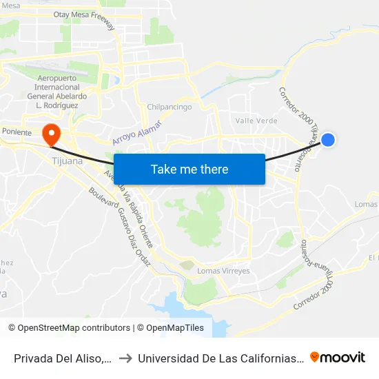 Privada Del Aliso, 25326_9 to Universidad De Las Californias Internacional map