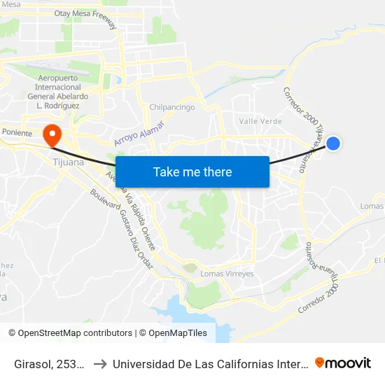 Girasol, 25316_1 to Universidad De Las Californias Internacional map