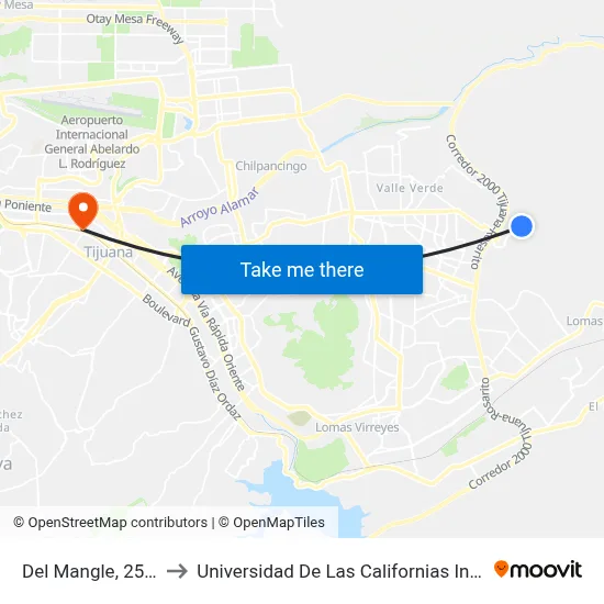 Del Mangle, 25306_1 to Universidad De Las Californias Internacional map