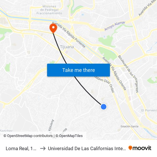 Loma Real, 16007 to Universidad De Las Californias Internacional map