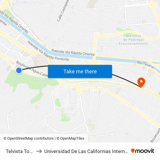 Telvista Torres to Universidad De Las Californias Internacional map