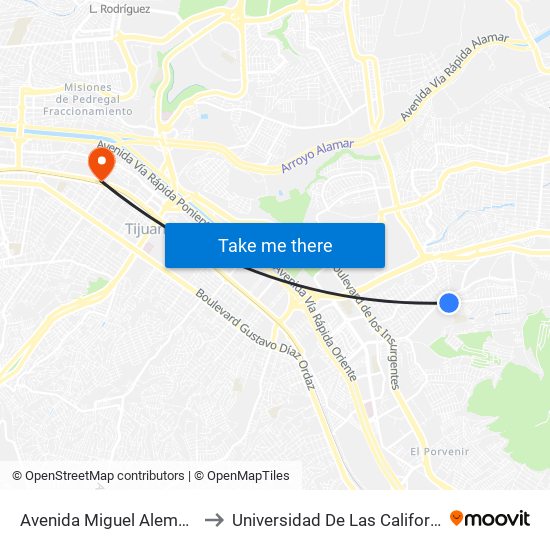 Avenida Miguel Alemán Valdez, 1302 to Universidad De Las Californias Internacional map