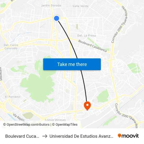 Boulevard Cucapah, 21451_1 to Universidad De Estudios Avanzados Campus El Florido map