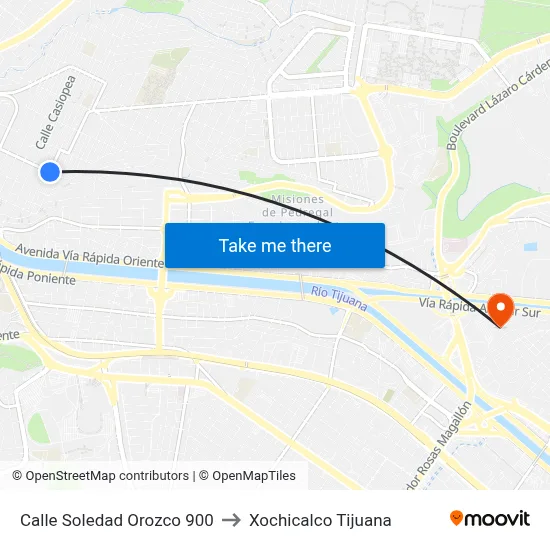 Calle Soledad Orozco 900 to Xochicalco Tijuana map