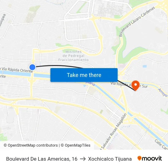 Boulevard De Las Americas, 16 to Xochicalco Tijuana map